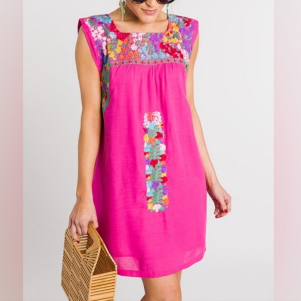 Bright Pink Embroidered Midi Dress